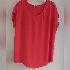 Pleione Hot Coral Blouse with Rolled Cap Sleeves